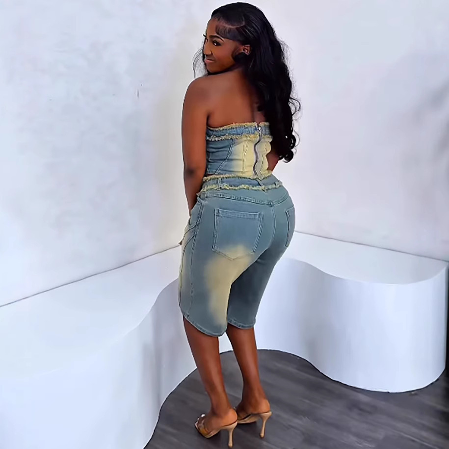 Womens Denim Pants Set Fashion Frayed Edge Tube Top High Waist Denim Shorts