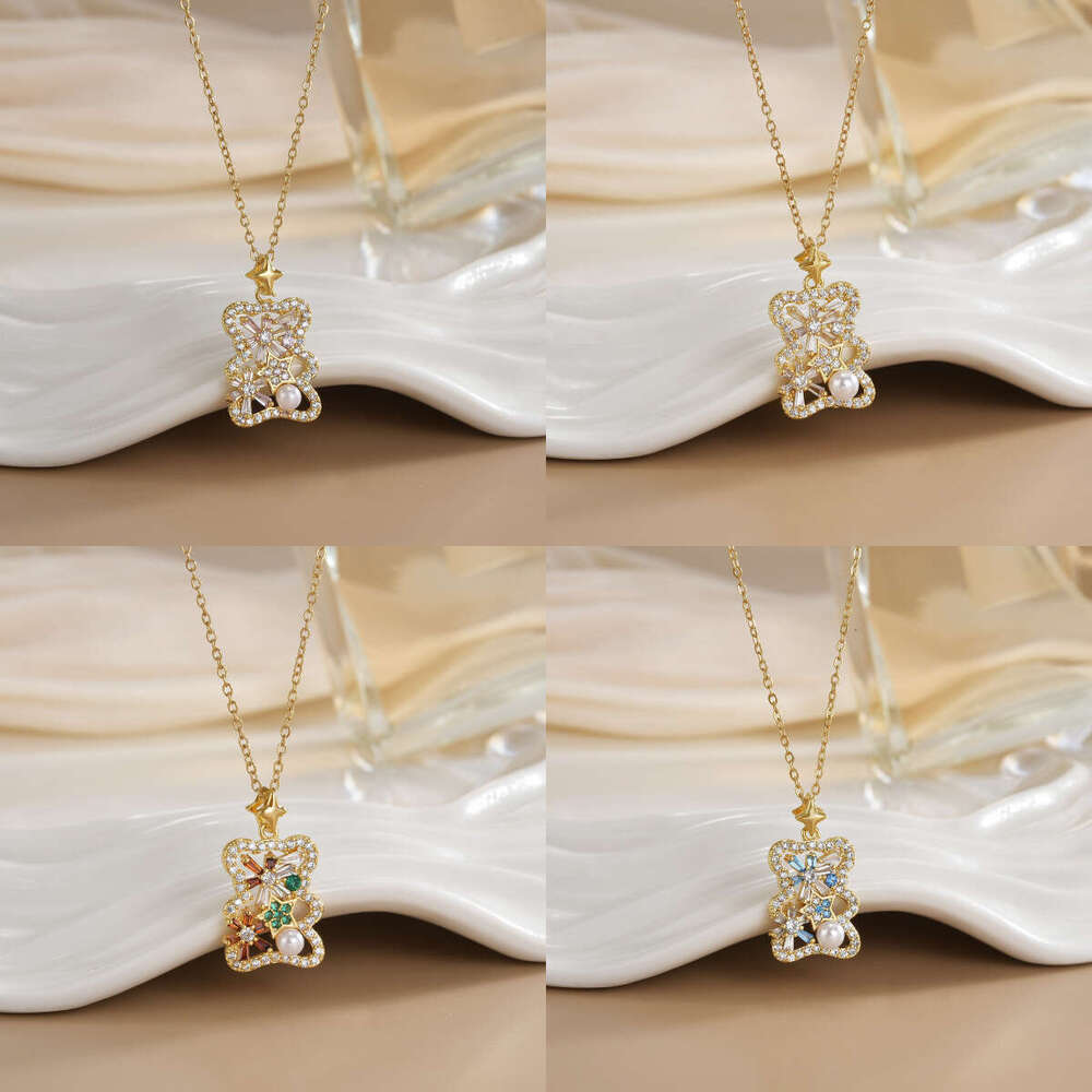 Gold-Plated Copper Micro-Paved Zircon Bear Cookie Design Necklace Collarbone Chain Jewelry Accessories 4A2
