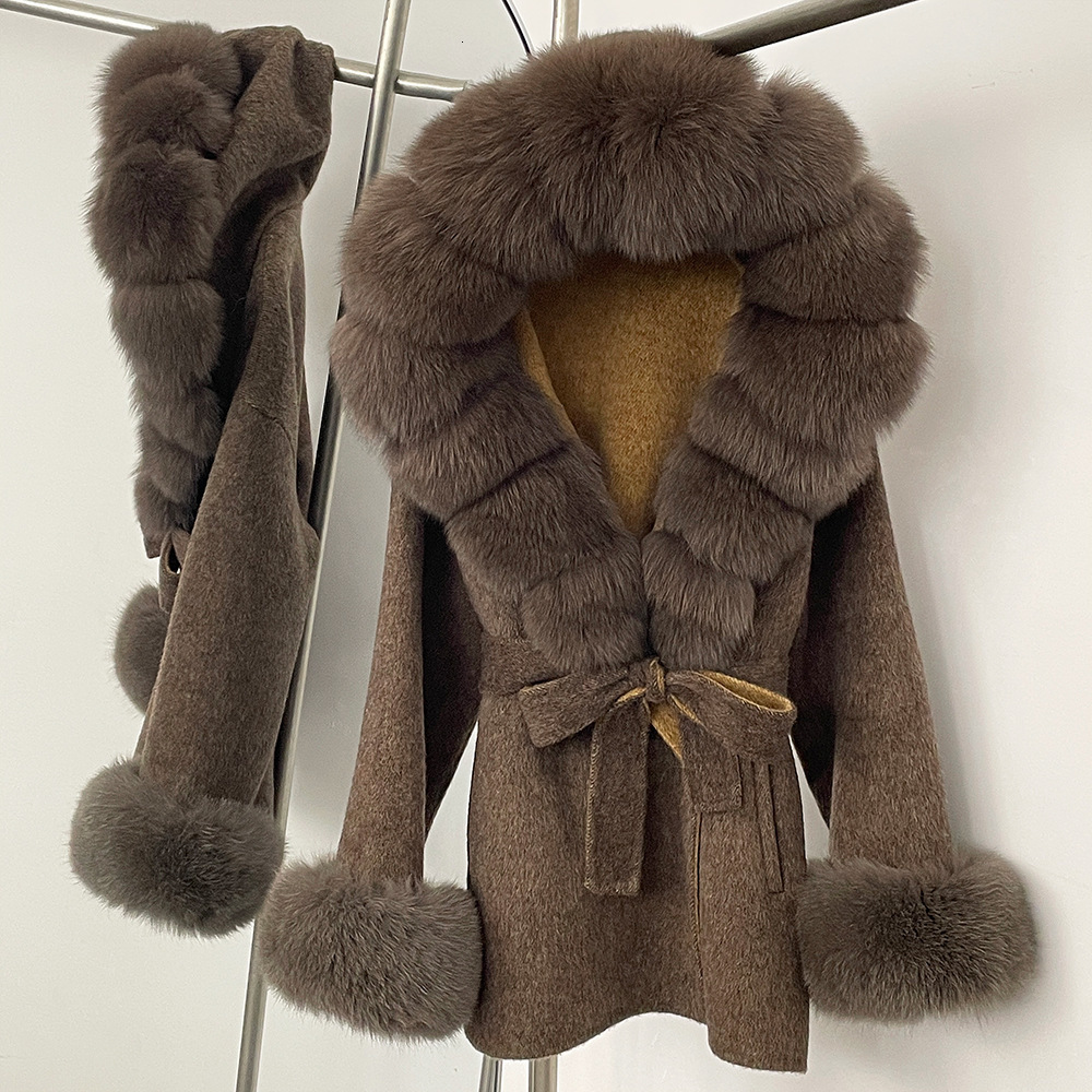 Petite High-End Feel Winter New Oversized Fox Fur Collar Double-Sided Wool Coat Womens Woolen Jacket