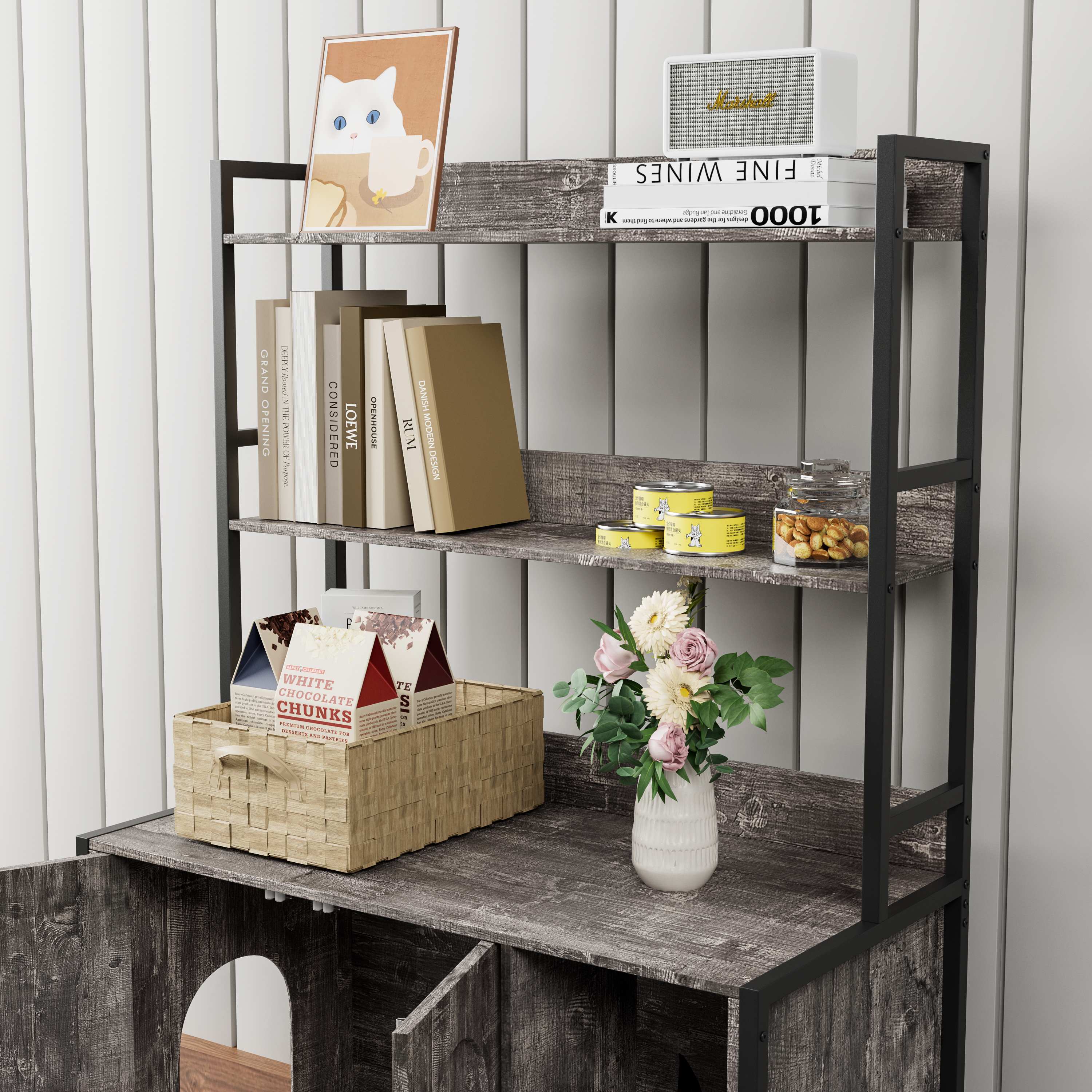 Large Cat Litter Box Enclosure With Shelf Storage Hidden Cat Washroom Furniture Wooden Cat House With Scratch Pad Sturdy Indoor Cat Cabinet With 2 Doo