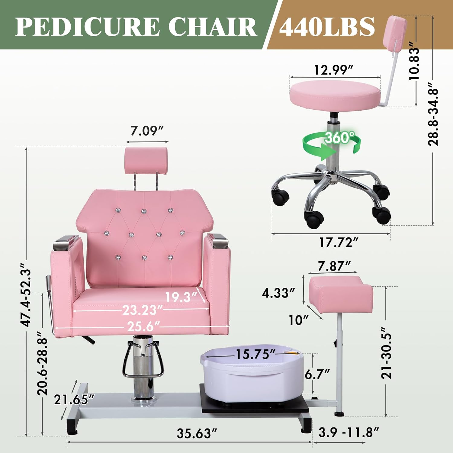 Hydraulic Pedicure Manicure Chair, 360° Rotation, Adjustable Stool - No Plumbing Foot Spa Station with Bubble Massage Basin for Nail Tech/Salon/Home U