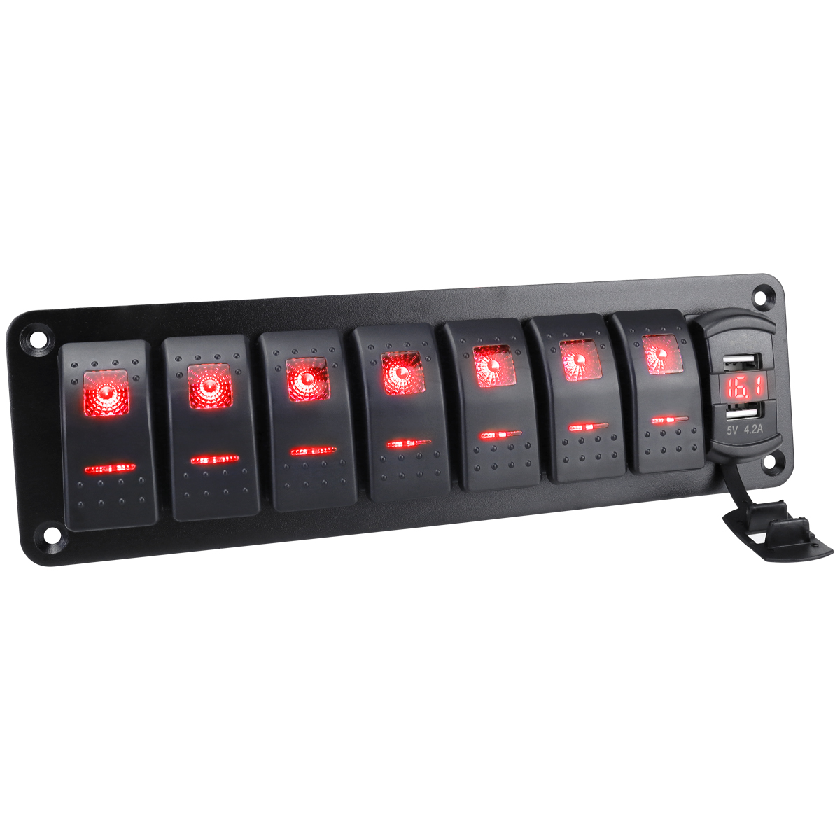 Aluminum panel with joystick switch, equipped with voltmeter and dual USB (4.2A) fast charging, red backlit LED, suitable for boats, cars, trucks, (re