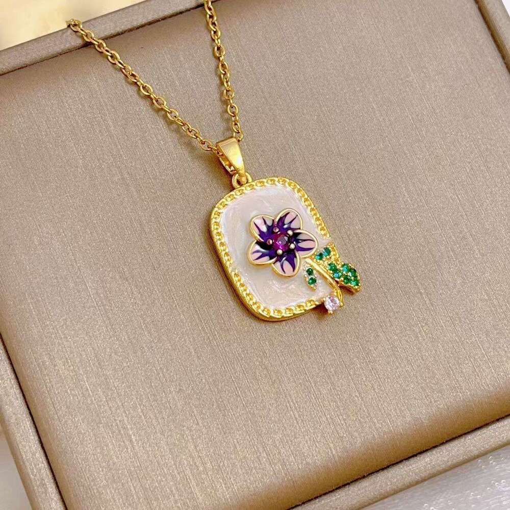 Monet Garden Vintage Titanium Steel Necklace Drop Micro Inlaid Zircon High-End Oil Painting Style Collarbone Chain Accessory Cad