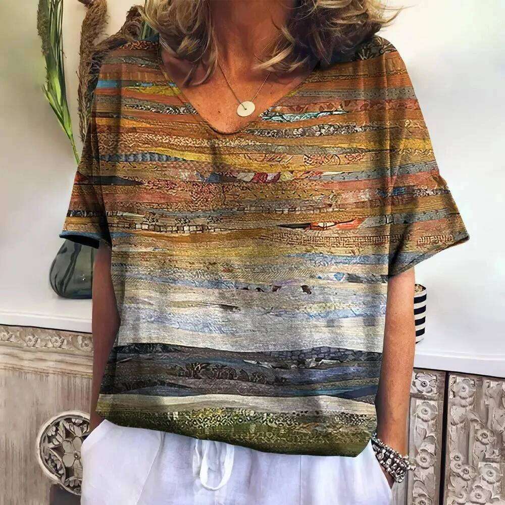 Summer T Shirt for Women V Neck Casual Fashion Tops New Plaid Tees Haruku Clothing Loose Short Sleeve Blouse Female Sweatshirt
