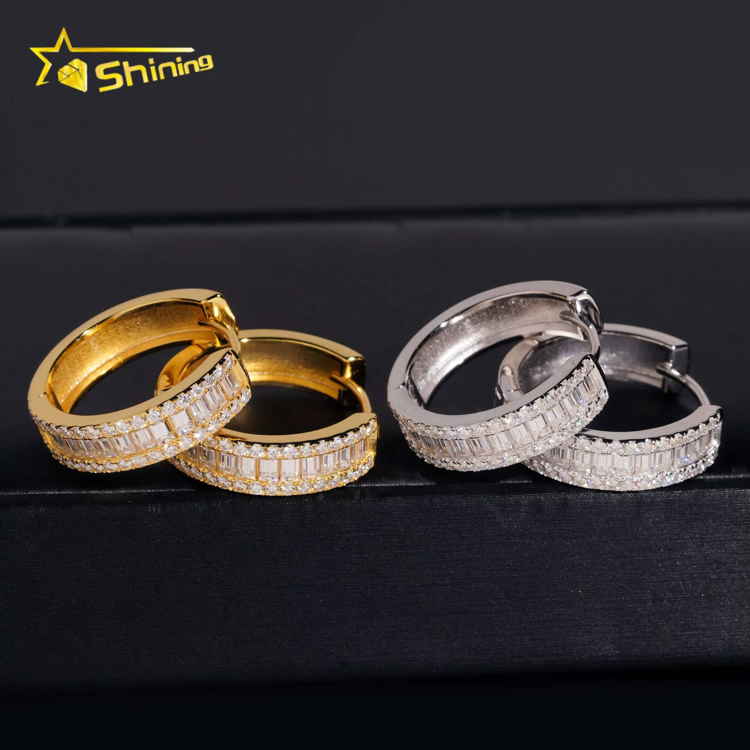 Fine Jewelry 925 Silver Hip Hop Gold Plated Iced Out Baguette Moissanite Diamond Hoop Earrings