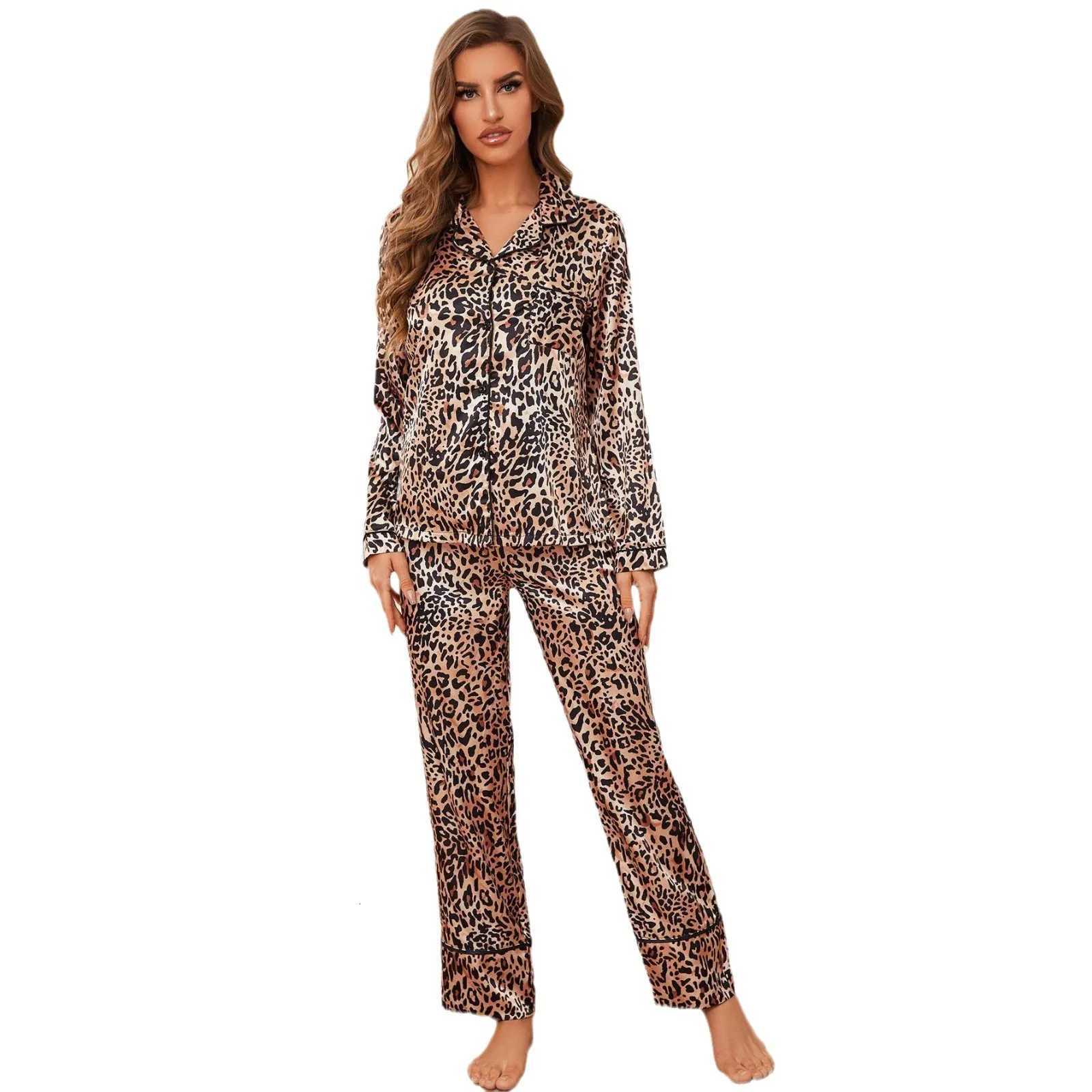 Leopard Print Silk Satin Women Pajama Sets Long Sleeves Front Button Top Full-Length Pants 2-Piece Female Sleepwear Nightwear W250717