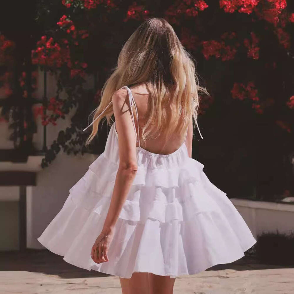 Summer Layered Ruffle Cake Short Backless Strap Dress B5