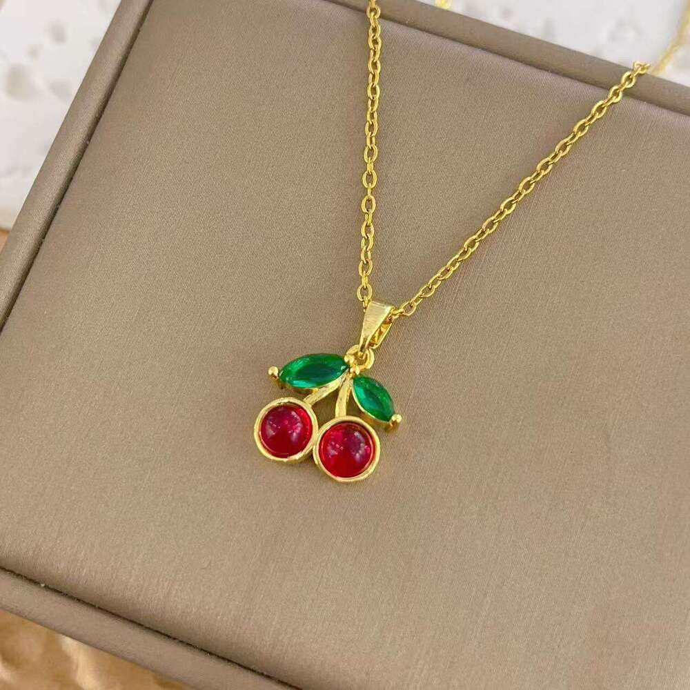 Fresh Titanium Steel Red Zircon Cherry Pendant Necklace Women's Light Niche Sweet Collarbone Chain Jewelry 761