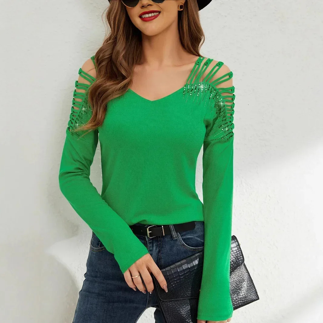 Lace splicing rhinestone V-neck long sleeved womens T-shirt sports womens round neck hollowed out shoulder long sleeved shirt 250714