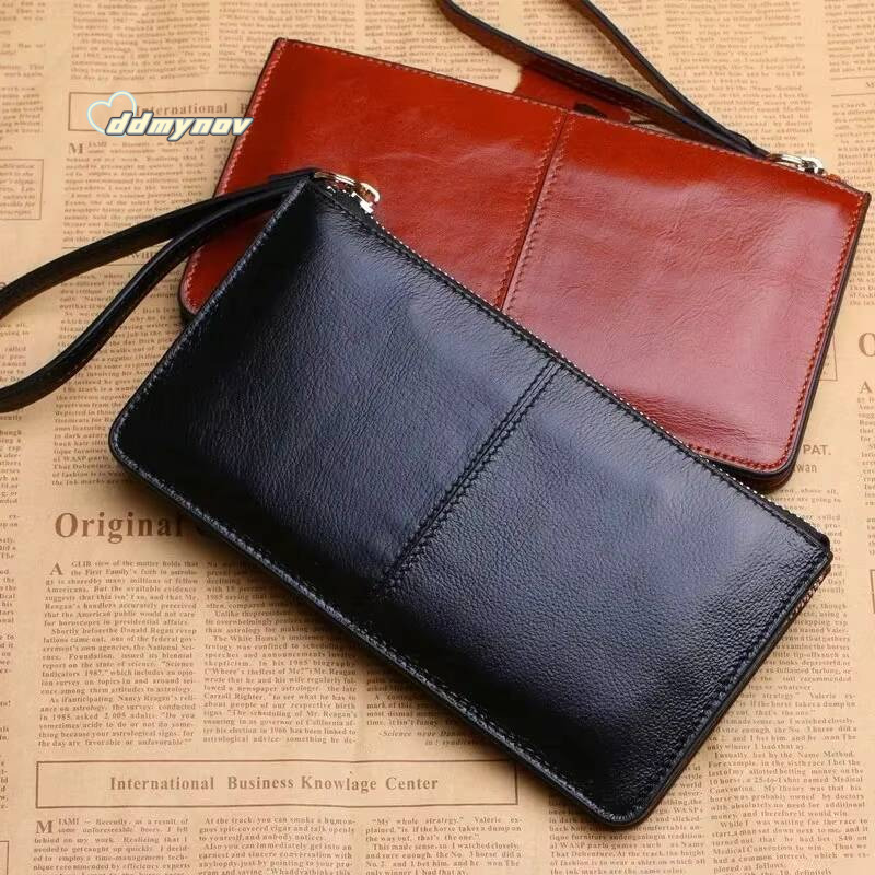 Womens Vintage Oil Wax Leather Zipper Clutch Female Large Capacity Coin Purse Ladies Wristband Simple Card Holder Wallet ddmynov
