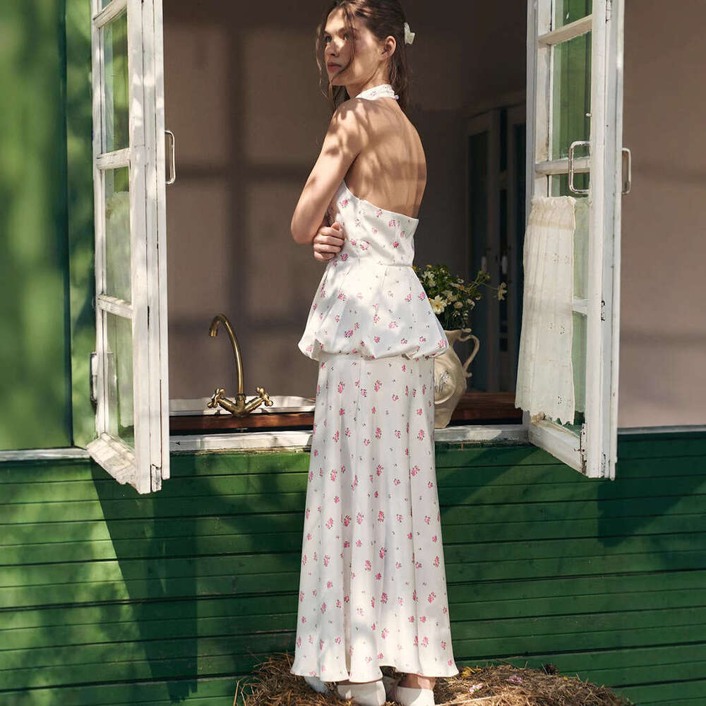 Satin Print And Summer Bubble Hem Vest Long Skirt Set For Women B5
