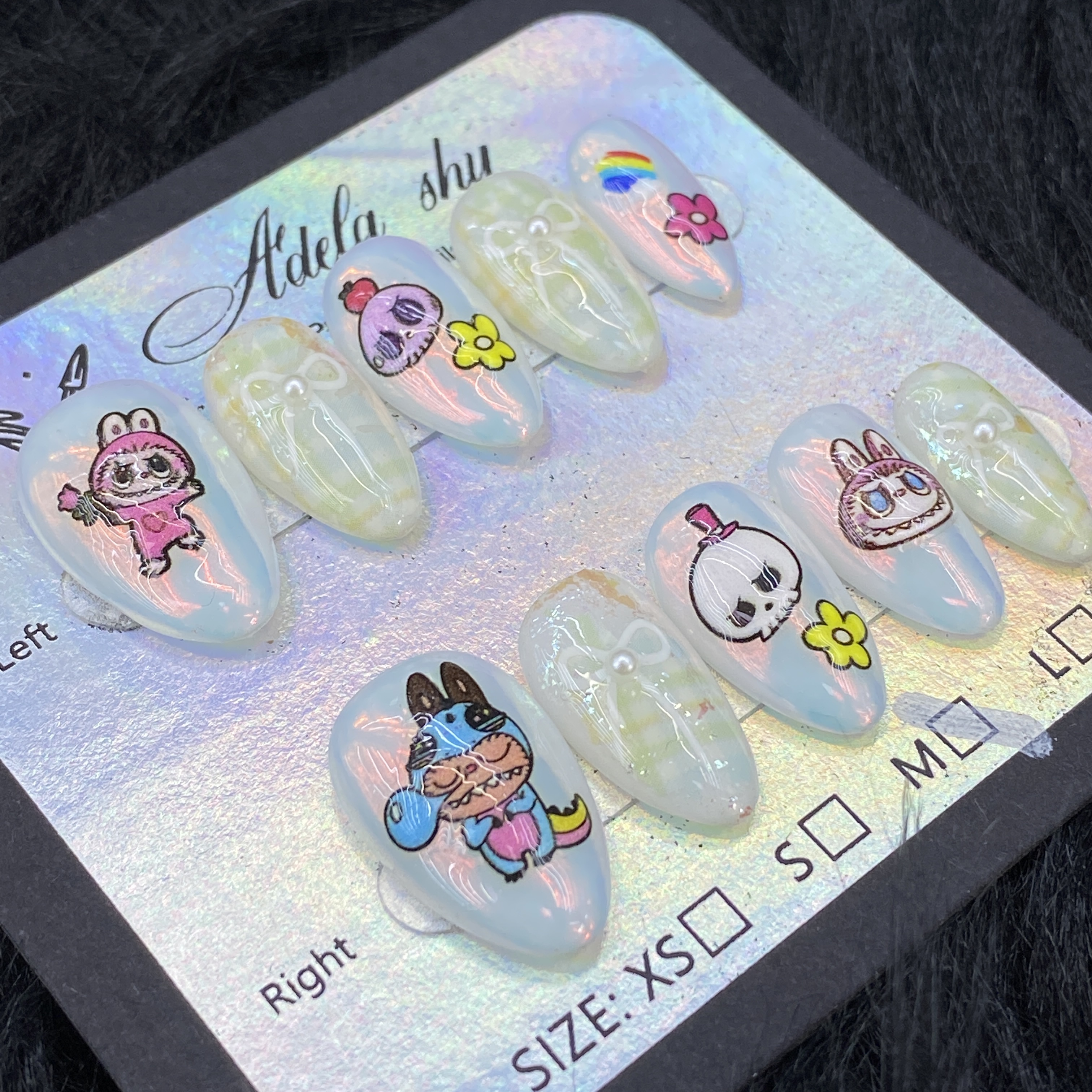 False Nails 10pcs Medium Almond Milky White Cute Cartoon Nail Art with Rabbit Panda Dog Skull Flower Rainbow Pearl Bow Full Cover Press On DIY Tips