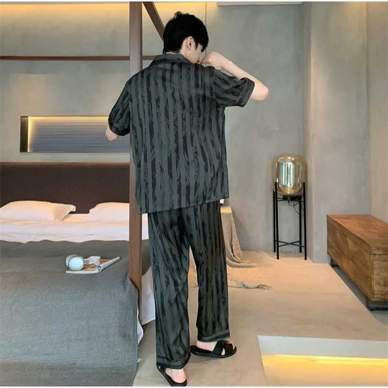 Plus Size Men Black Striped Short-Sleeve Long Pants Thin Pajama Set Cardigan Homewear Nightwear Youth Student Simple Sleepwear W250717