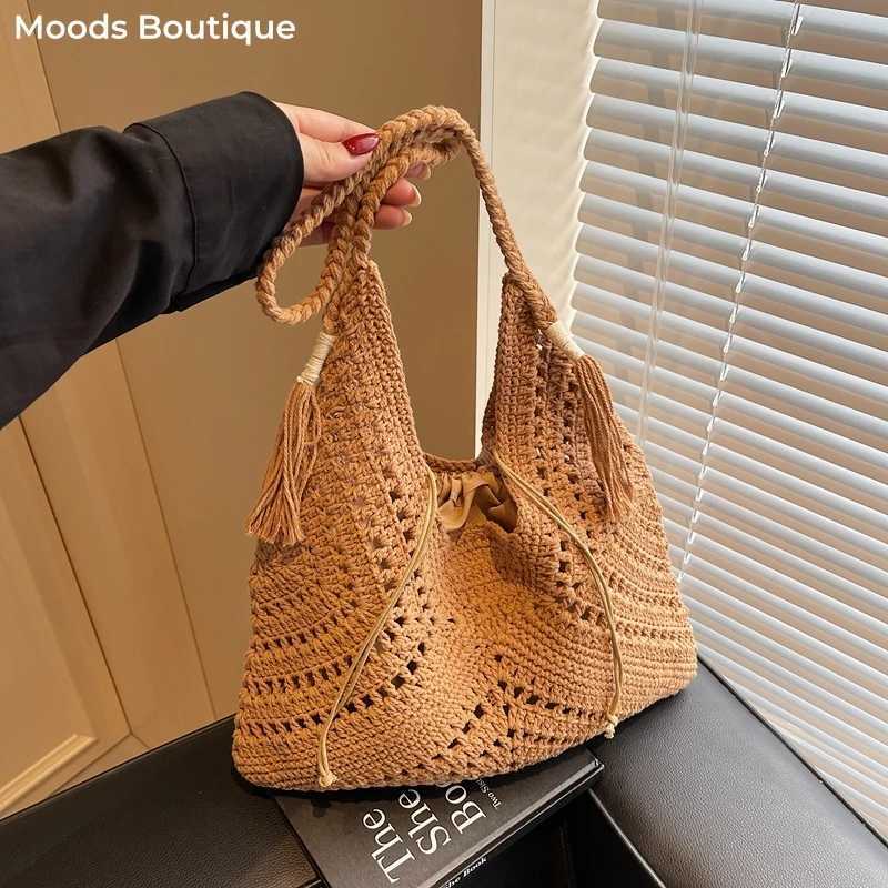 Crochet 2-IN-1 Shoulder Bag Set For Women Raffia Boho Rattan Summer Beach Vacation Tote Bags Knitted Design Handbags Female 2025 Z250717