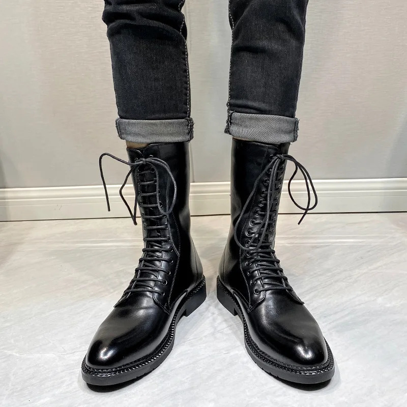 British style mens fashion motorcycle boots black soft leather shoes lace-up cowboy boot spring autumn handsome long botas mans 250715