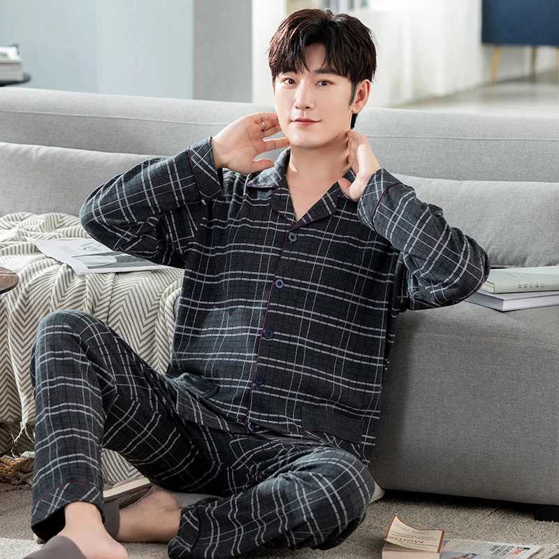 Men Pajama Set Cotton Spring Long Sleeve Print Men Pajama Suit Autumn Nightwear Collar Pajamas Men Sleepwear Two Piece 4XL W250717
