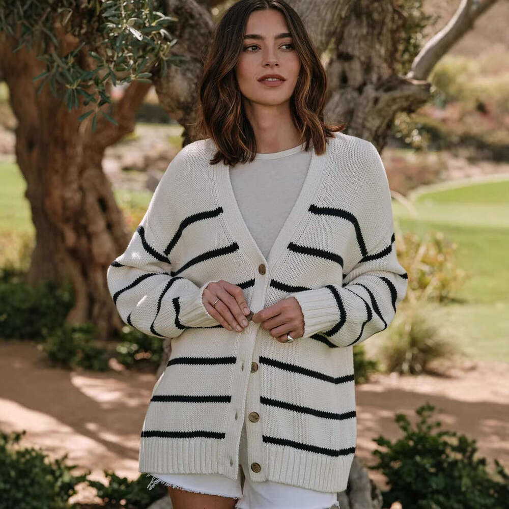 Knitted Autumn Winter New V-Neck Cardigan Pure Cotton Striped Sweater Women B5