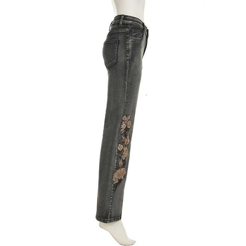 100% Cotton Elegant Embroidered Womens Straight Jeans Low Waist Sequined Print Denim Trouser Y2K Streetwear Pants Grunge Clothing R250716