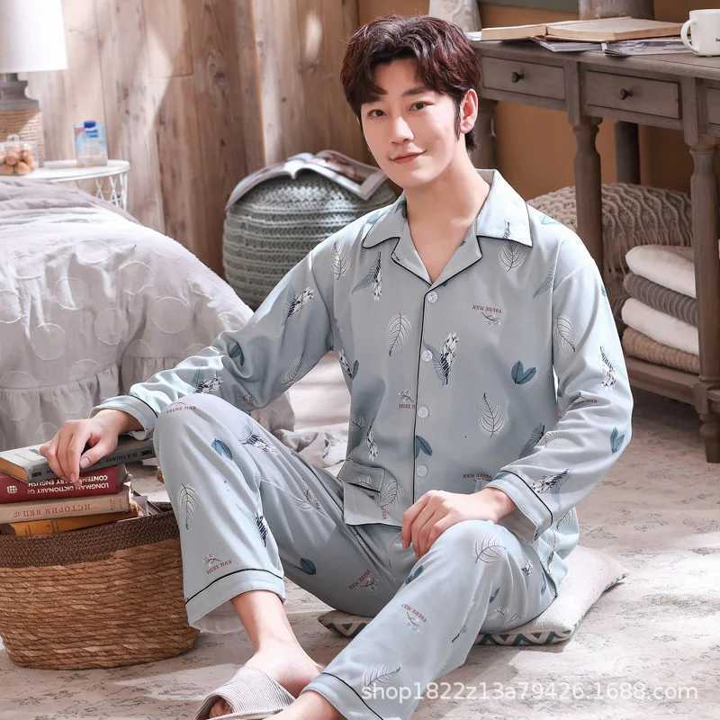 Mens Pajamas Long-sleeved Cardigan Print Pajamas Sleepwear Set Home Wear Men Nightwear Pajamas Sleep Tops W250717