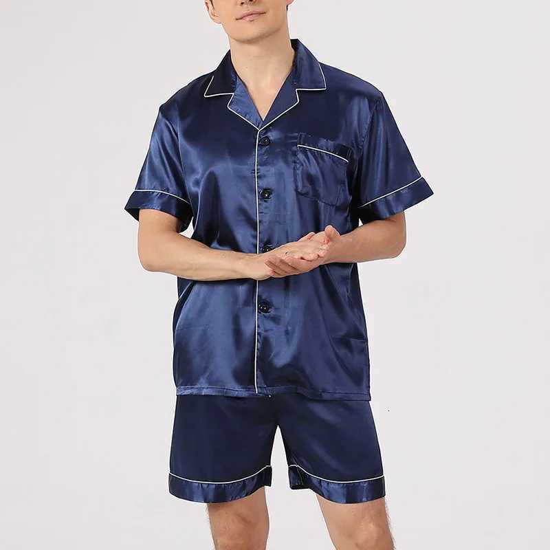 Men Pajama Sets Ice Silk Satin Short Sleeve Shirt+Shorts 2Pcs Summer Thin Sleepwear Solid Color Mens Casual Home Clothes W250717
