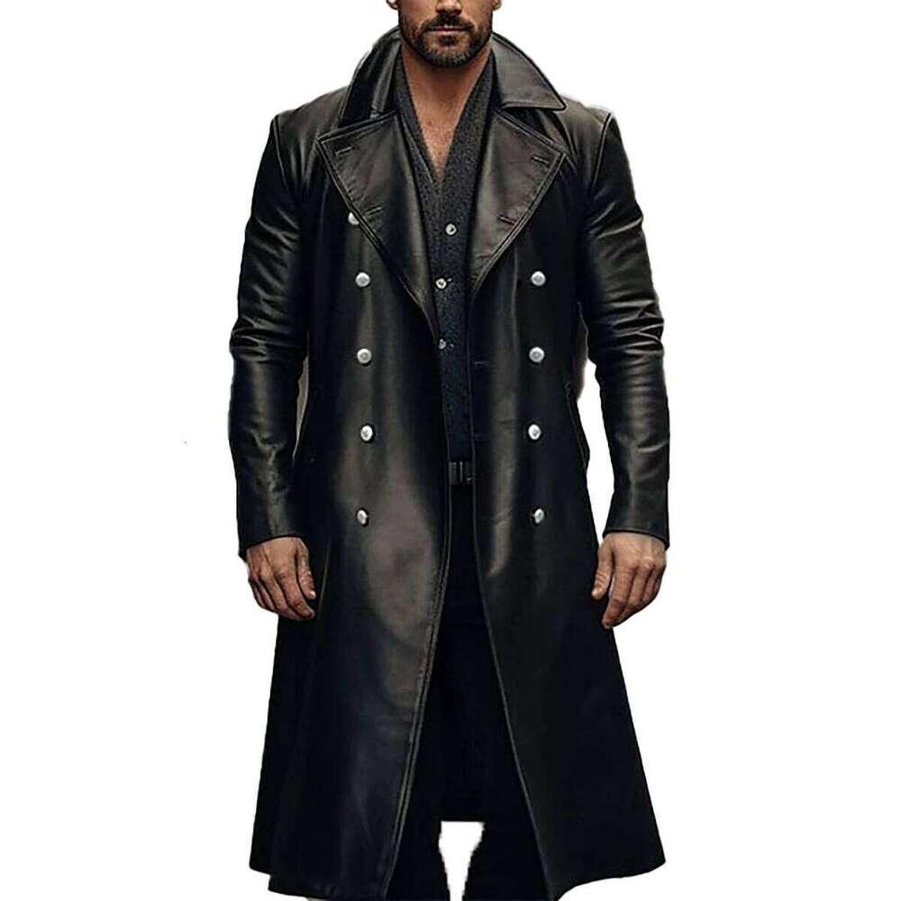 2024 Spring And Autumn Coat Long Windbreaker Men's Double-Breasted Leather Jacket