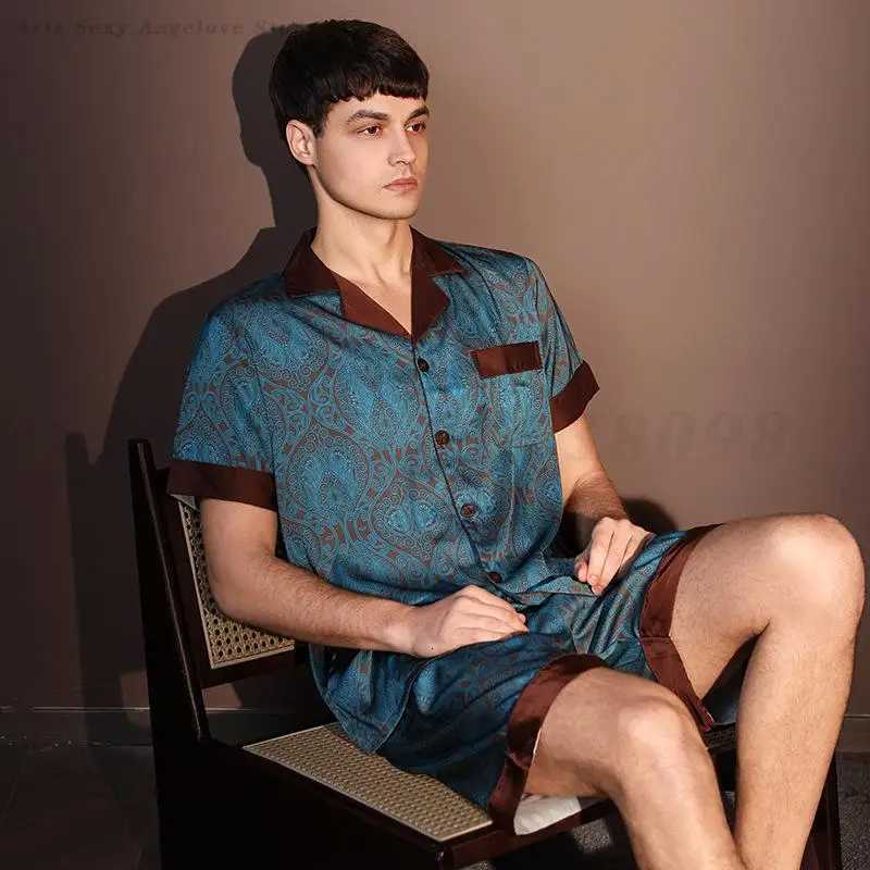 Large Size 3XL Men Pajama 2Pcs Set Summer New Short Sleeve Shorts Pajama Set Loose Ice Silk Satin Sleepwear Mens Home Clothes W250717