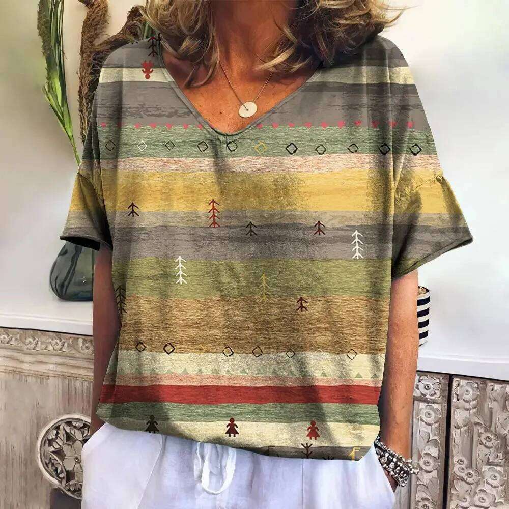 Summer T Shirt for Women V Neck Casual Fashion Tops New Plaid Tees Haruku Clothing Loose Short Sleeve Blouse Female Sweatshirt