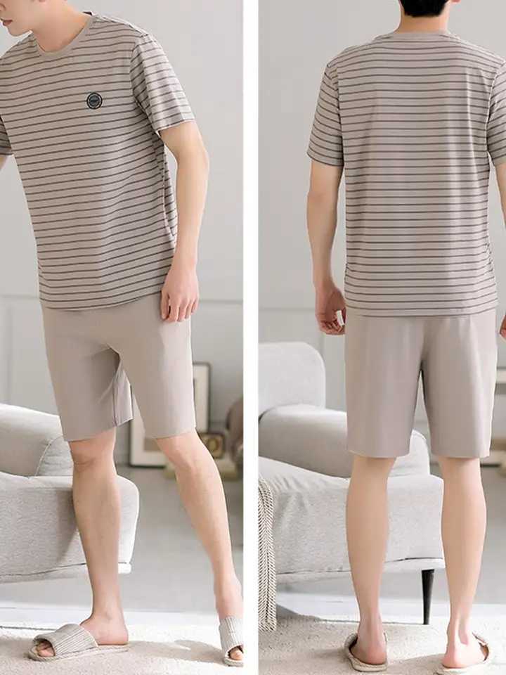 Mens Summer Short-Sleeve and Shorts Pajama Set Lightweight Bamboo Fiber Cooling Home Clothes for Hot Weather short-sleeved and W250717