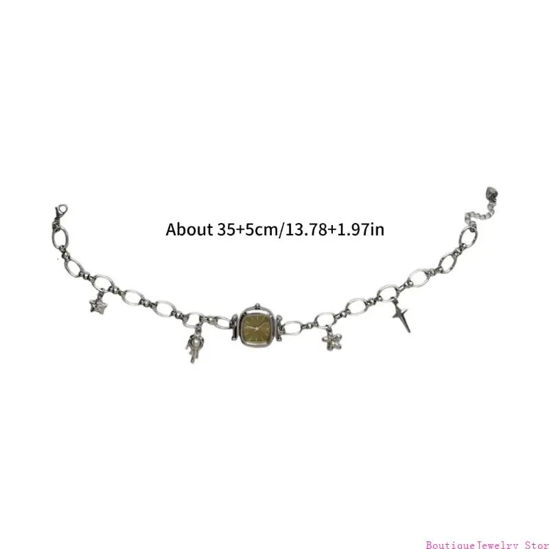 E1PE Heavy Duty Vintage Collarbone Chain Alloy Mechanical Watch Pendant Necklace Unique Sweet Cool Jewelry Gift for Women 250716