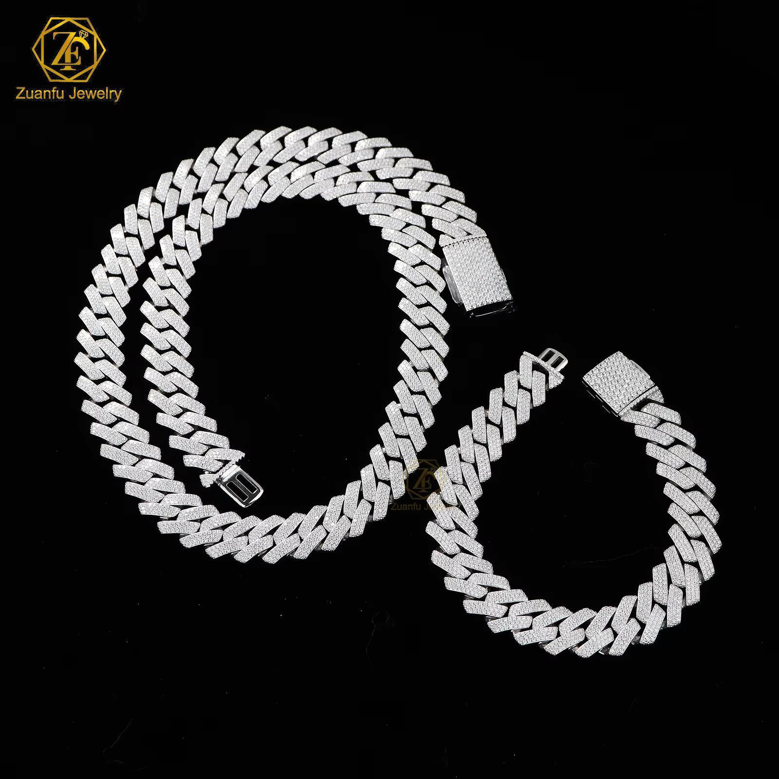 3 Rows15mm Cuban Link Chain Bracelet Iced Out 925 Silver Hiphop Round D VVS Diamond Moissanite Cuban Link Chain Necklace