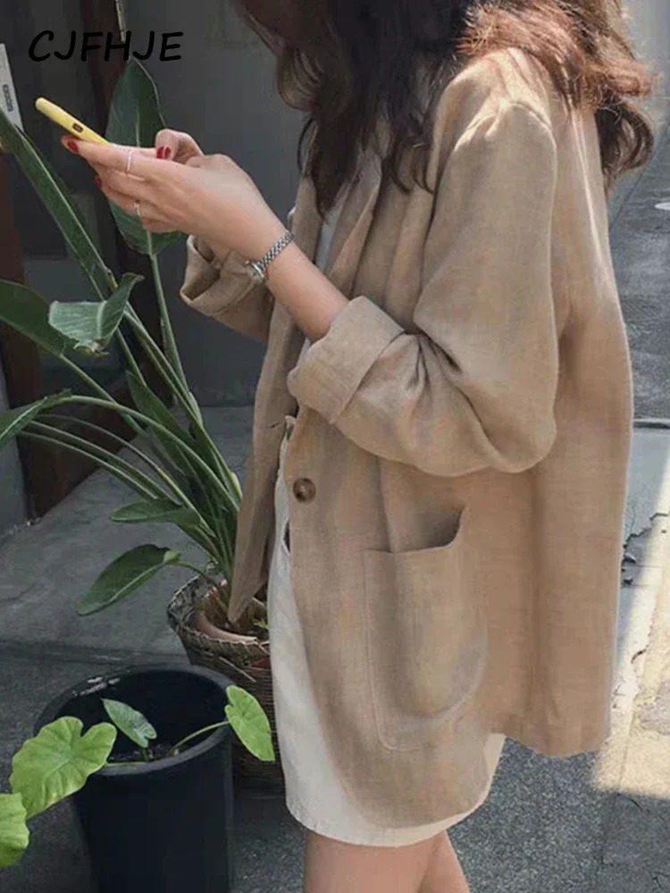 CJFHJE Khaki Office Lady Blazer Casual Thin Cotton Linen Blazers Female Spring Autumn Korean Retro Loose Suit Jackets Women 250715