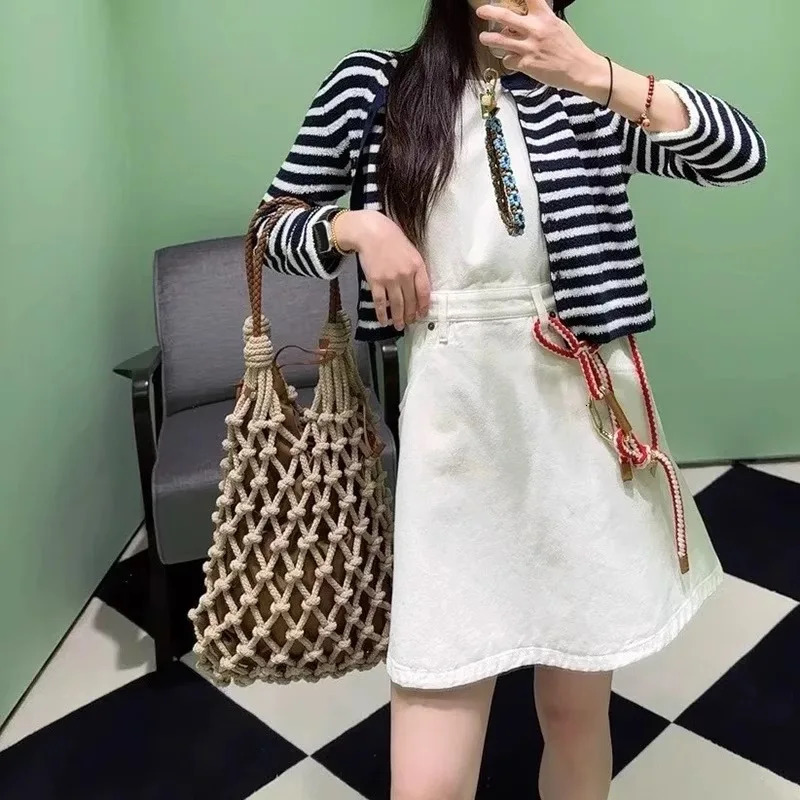 Summer Beach Bag For Women Mesh Rope Knitted Bucket Shoulder Bags Reticulate Hollow Travel Shopper Ladies Fashion Handbag 250624