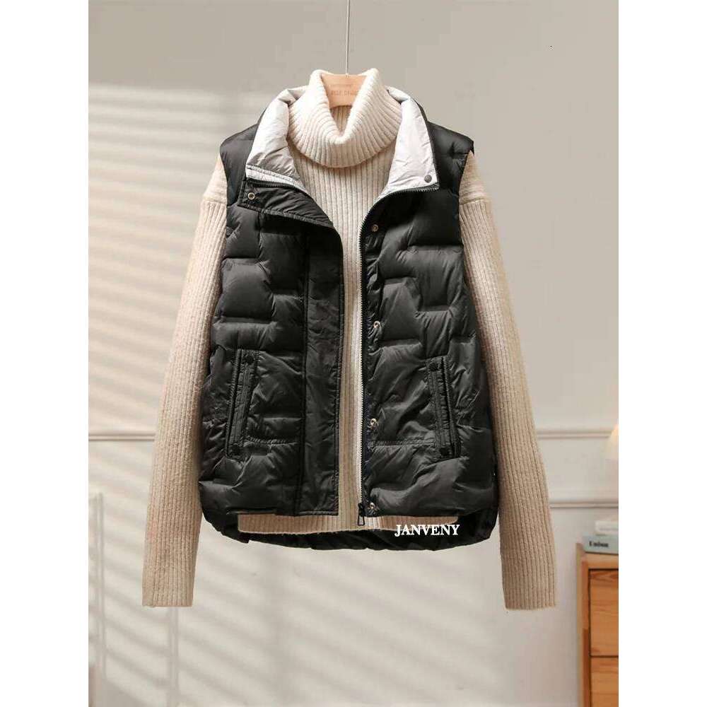 Janveny 2025 New Autumn Winter Duck Down Fleece Waistcoat Women Loose Stand Collar Pockets Warm Quilted Puffer Sleeveless Vest MDNG