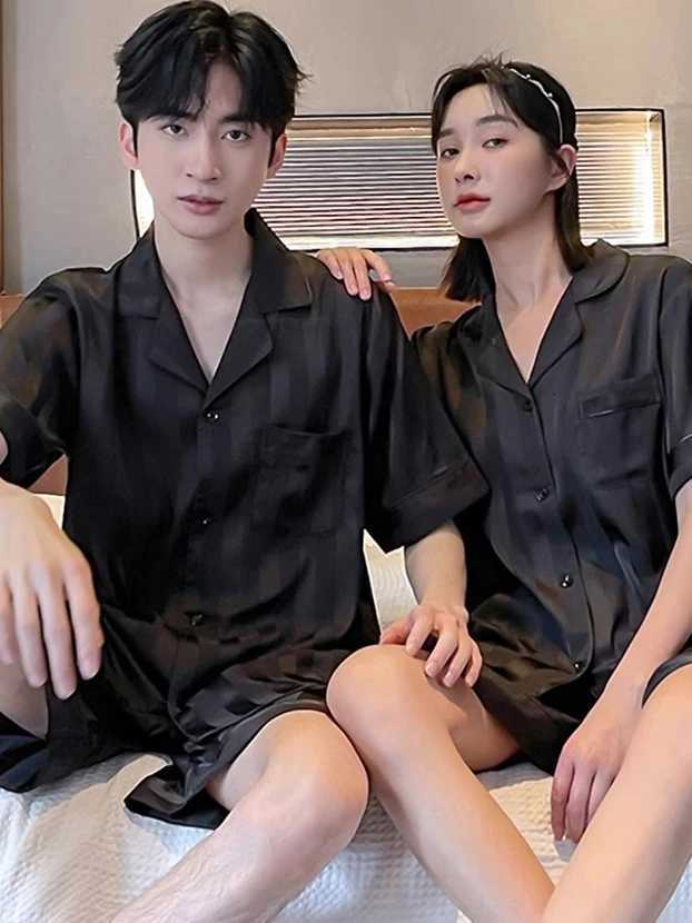1111111111111111 Daimelu Couple Pajamas Mens Summer Thin Ice Silk Short-Sleeved Plus Size Male and Womens Loungewear Suit Sleepwear Set Nighty W250717