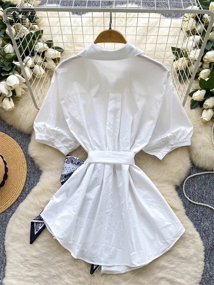 SINGREINY Womens Korean Simple Style Shirt Female Polo Neck Puff Sleeve Cross Lace Up Tops Summer Workwear Casual Loose Blouse 250704