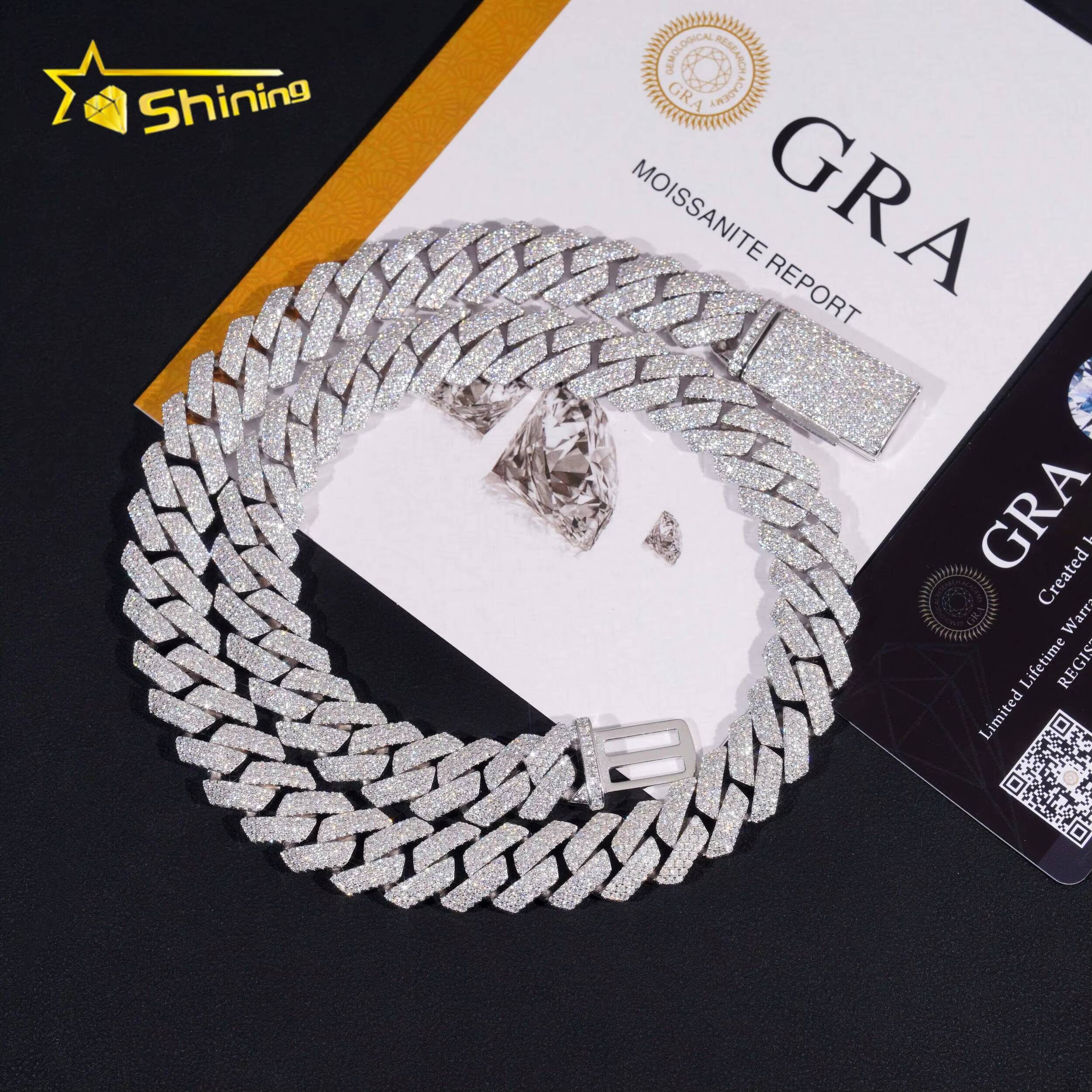 Hot Sale Hip Jewelry GRA Certificate 14mm Three Row 925 Silver Moissanite Iced Out Cuban Link Chain