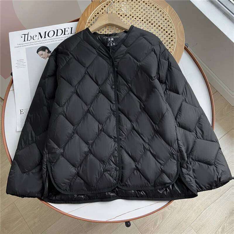 Janveny 2025 New Autumn Winter Ultra Light Collarless Soft Puffer Jacket Women Casual Loose Single Breasted 90% Duck Down Coat MDNG
