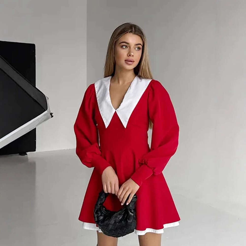 French Style Doll Collar Patchwork Spring New Waist-Cinching Lantern Sleeve Short Dress For Women B5