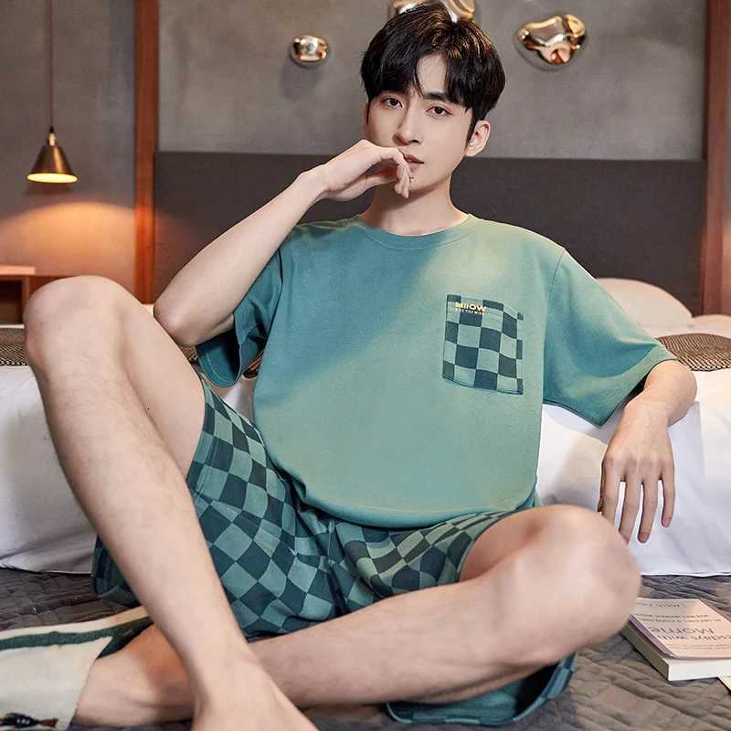 2Pcs Cotton Mens Pajamas Set Short Sleeve Mens Summer Homewear Big Size L-3XL Men Plaid Breathable Sleepwear Men Pajamas W250717