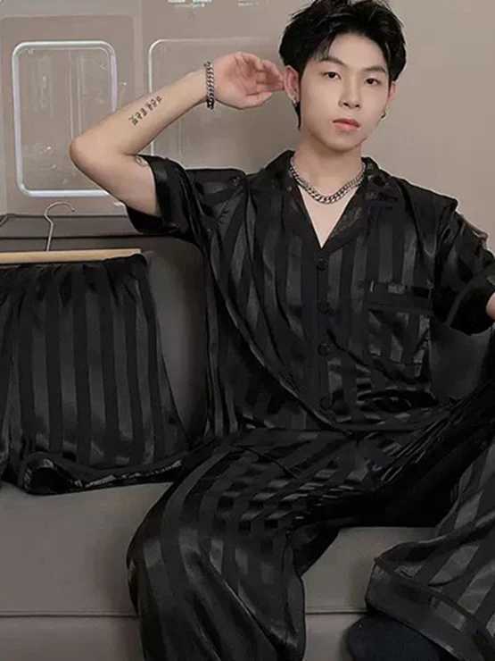 Daimelu Mens Ice Silk Pajamas Set Male Suit Short-Sleeved Trousers Summer Big Size Boy Sleepwear Simple Nighty Nightwear Pajama W250717