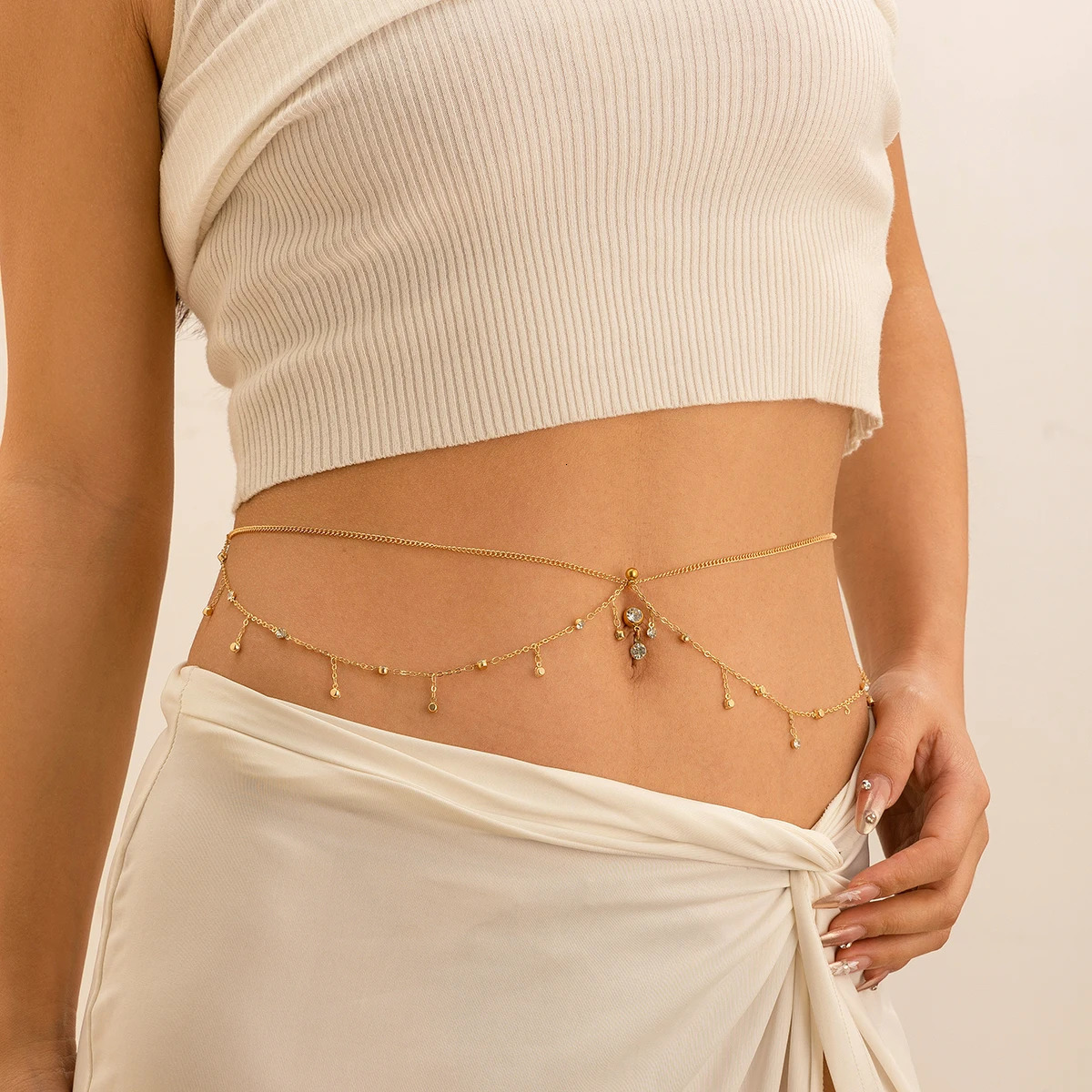 IngeSight.Z Simple Gold Color Stainless Steel Waist Chain for Women Classic Zircon Pendant Sexy Double Layer Body Chain Jewelry 250716