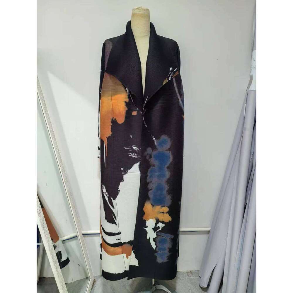 Pleats Pleated Abaya Long Printed Jacket Trench Windbreaker Evening Gown 2025 Autumn New Loose Extended Coat Women Clothing