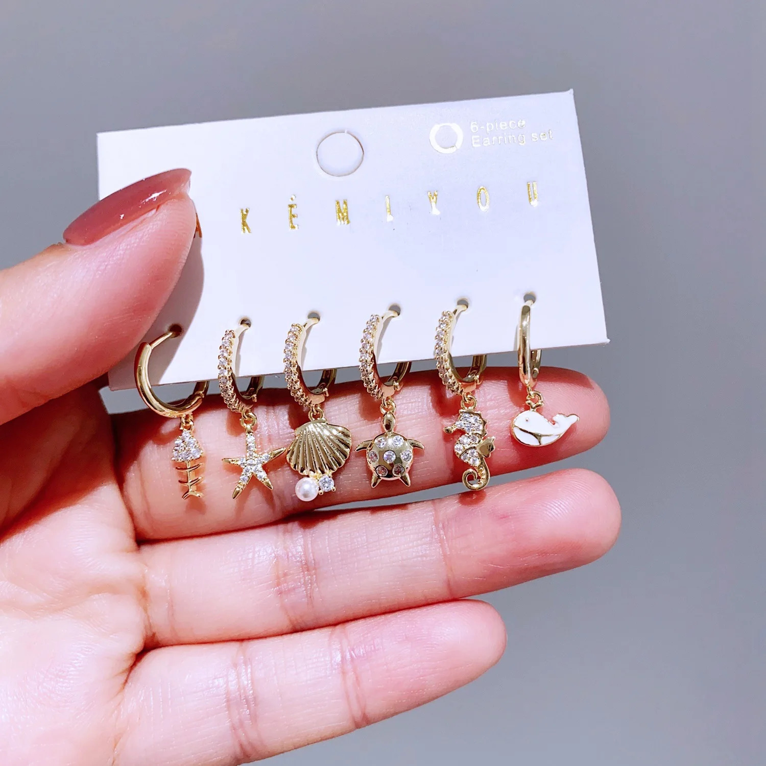 MIGGA 6pcs Cubic Zircon Sea Animals Pendant Dangle Earrings Set Gold Plated Fashion Women Girls Jewelry 250716