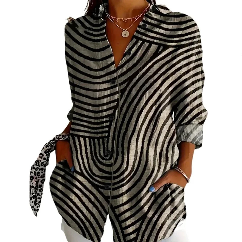 Plus Size 1XL5XL Womens Fashion Chic Zebra Print Blouse Ladies Casual Long Sleeve ButtonUp with Lapel Collar Shirt 250704