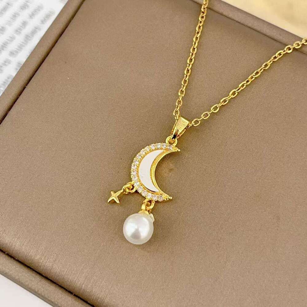 Necklace For Women, Unique Design With Moon Star Pendant, Pearl Hanging, Titanium Steel Necklace, Simple And Elegant Fashion Collarbone Chain 3E0