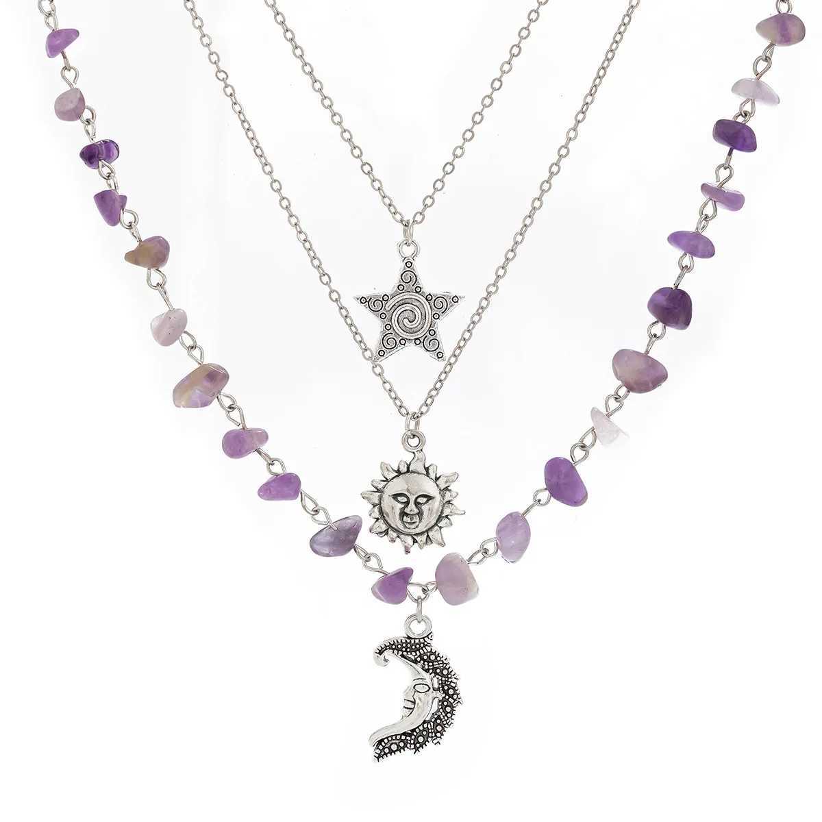 2024 Retro Moon Sun Star Pendant Necklace for Women Multi-layer Gold Color Metal Colored Stone Weaving Girls Fashion Jewelry XJ250717