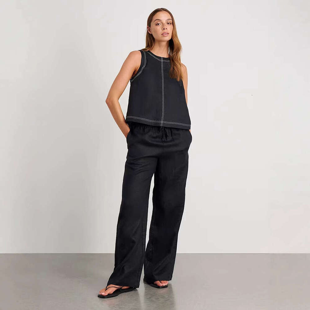 Cotton Linen And Spring Summer New Wide-Leg Pants Sleeveless Vest Casual Set For Women B5