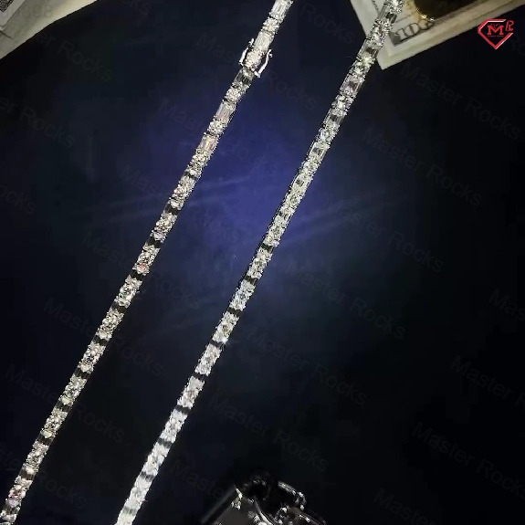 Hiphop Tennis Chain 925 Sterling Silver White Gold Plated Round and Baguette Cut VVS Moissanite Tennis Chain