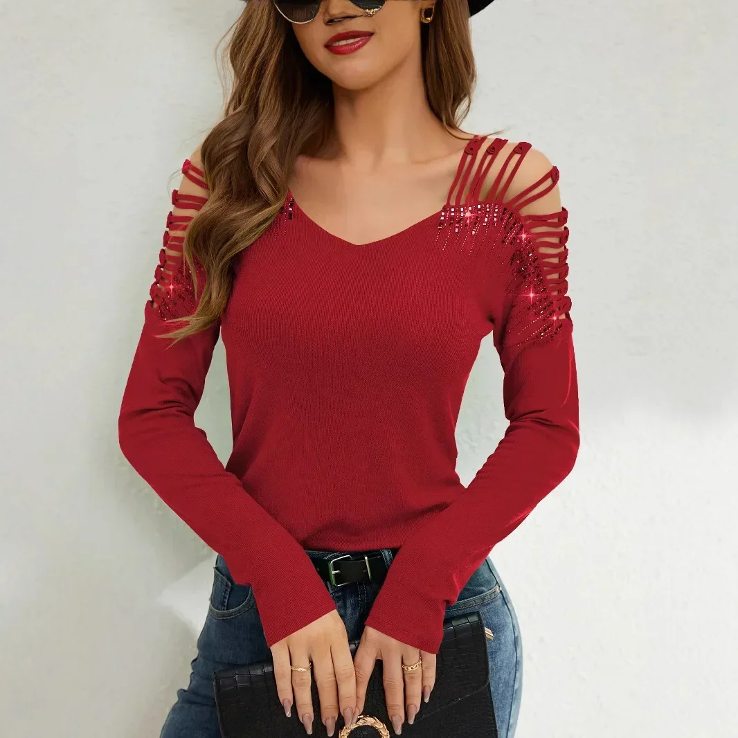 Lace splicing rhinestone V-neck long sleeved womens T-shirt sports womens round neck hollowed out shoulder long sleeved shirt 250714