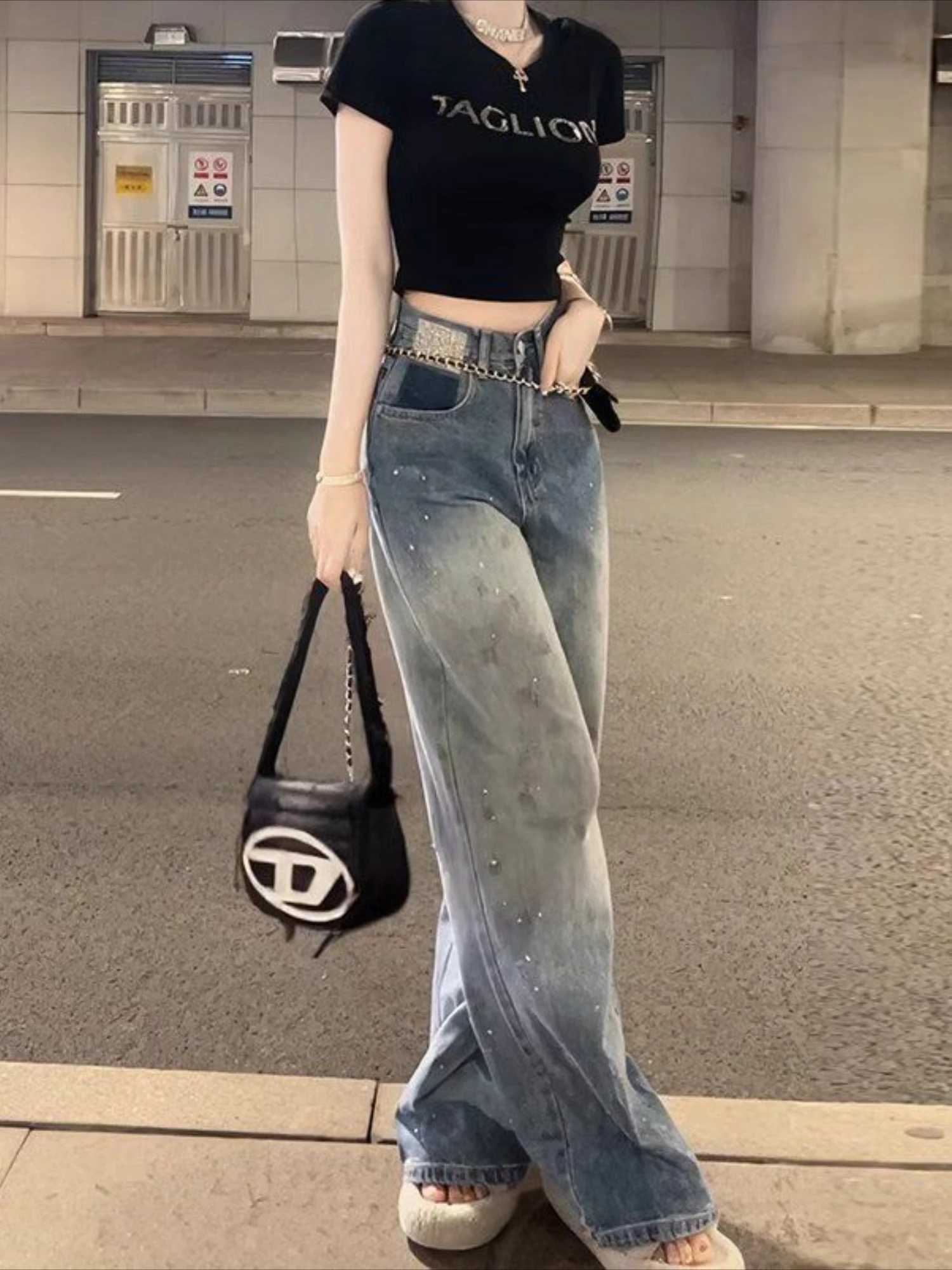 Blue Womens Jeans High Waist Shot Denim Pants for Women Straight Leg Trousers Stylish Wholesale Medium Wash Trend 2025 Original R250716
